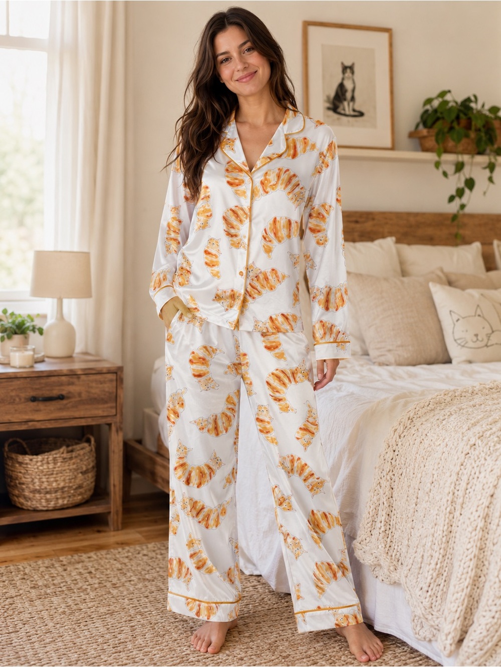 Sheshow NWT Small Orange Tabby Cat Satin Pajama Lounge Set